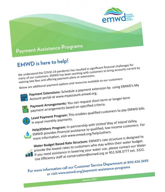 Eastern Municipal Water District’s Help2Others program pays $100 of a low-income customer’s water bill, one time in a 12-month period.