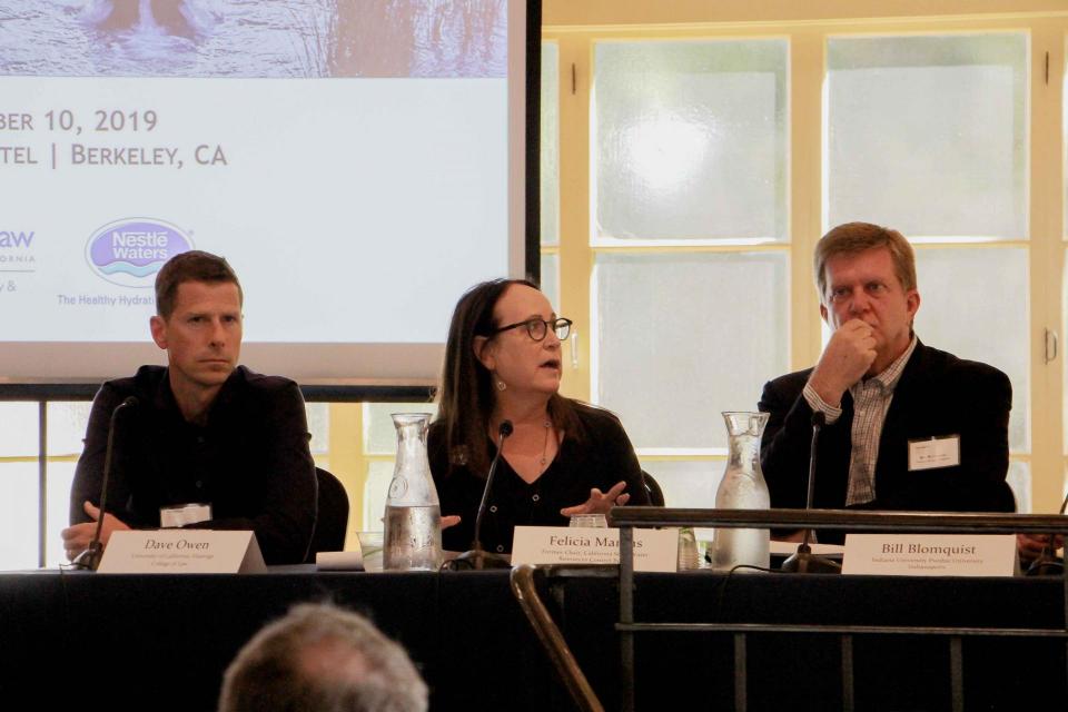 UC Berkeley groundwater symposium panelists (from left) Dave Owen with UC Hastings School of the Law, former State Water Resources Control Board Chair Felicia Marcus and Bill Blomquist, with Indiana University Purdue University Indianapolis.  