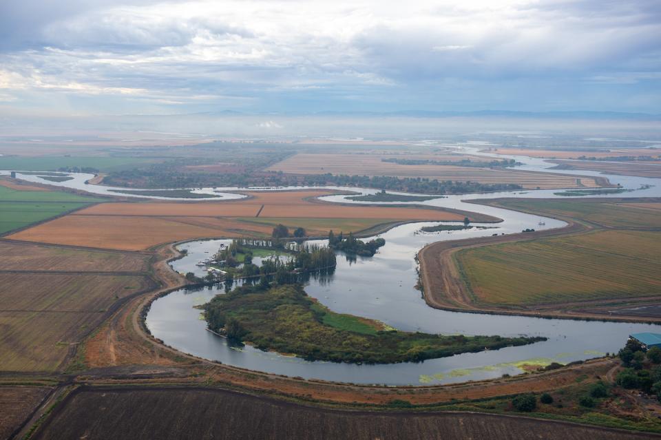 Image shows farmland and waterways in the Sacramento-San Joaquin Delta.