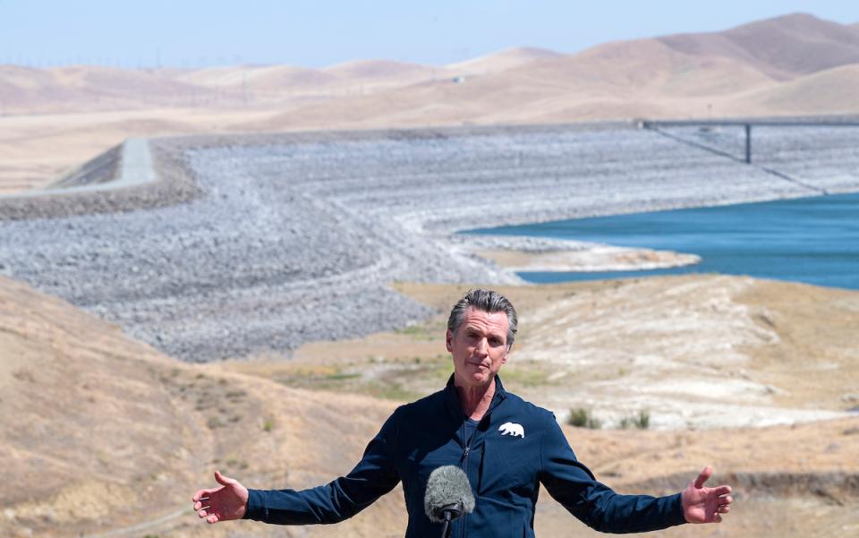 Gov. Gavin Newsom discusses drought-response funding on May 10, 2021, at San Luis Reservoir in Merced County.