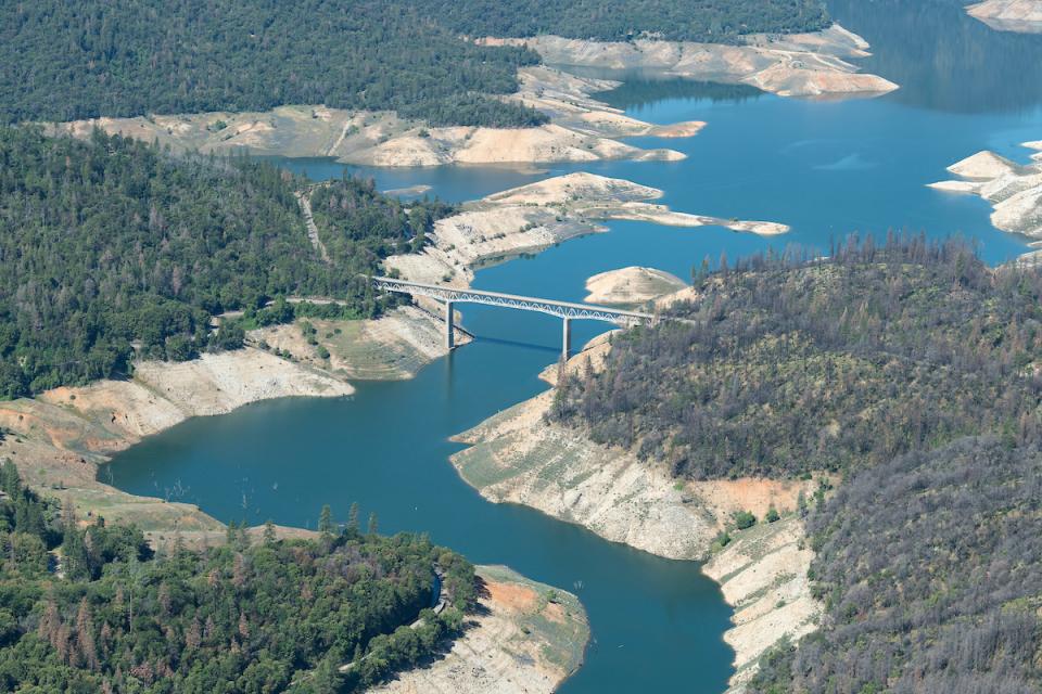 Aerial view of Lake Oroville showing the effects of drought in May 2022.