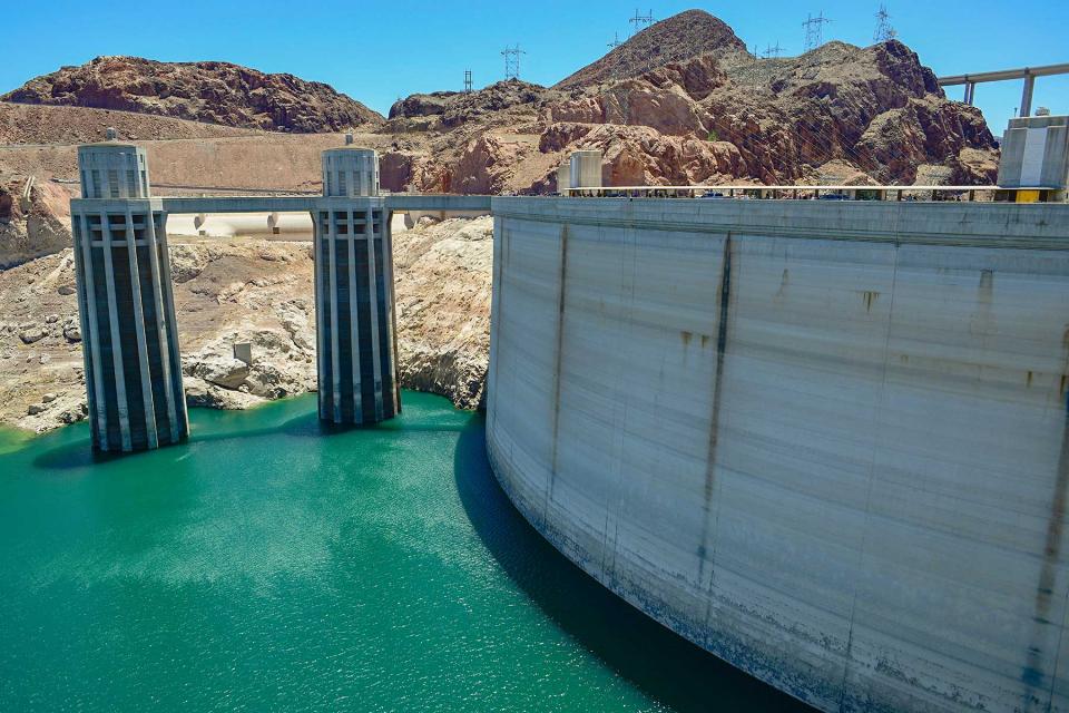 Water intakes behind Hoover Dam show how far the water level has fallen in Lake Mead.
