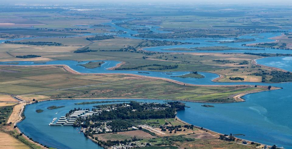 Image shows an aerial view of the Sacramento-San Joaquin Delta.