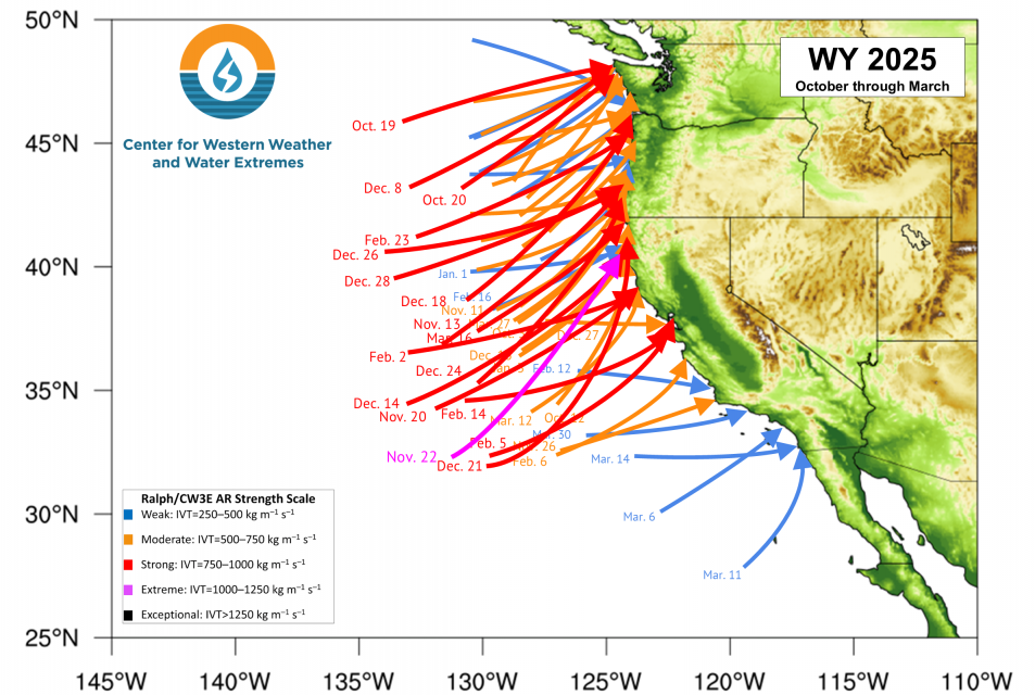 Graphic shows atmospheric rivers hitting the  U.S. West Coast in the 2024-25 season