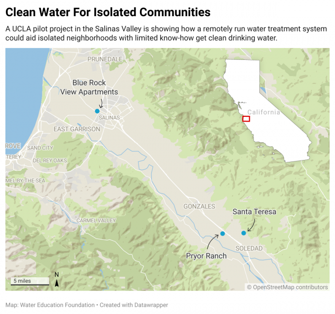 map of the Salinas Valley showing three pilot project sites