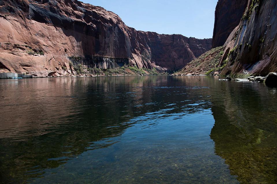 Looking downstream at the Colorado River from Glen Canyon Dam tailrace