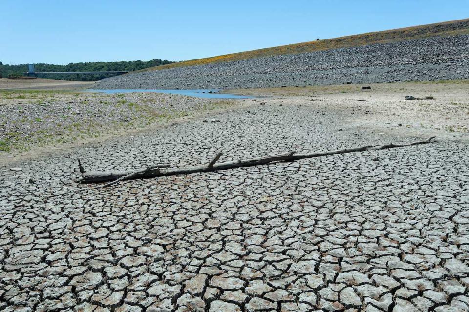 Lake Mendocino shows the effects of drought in April 2021. 