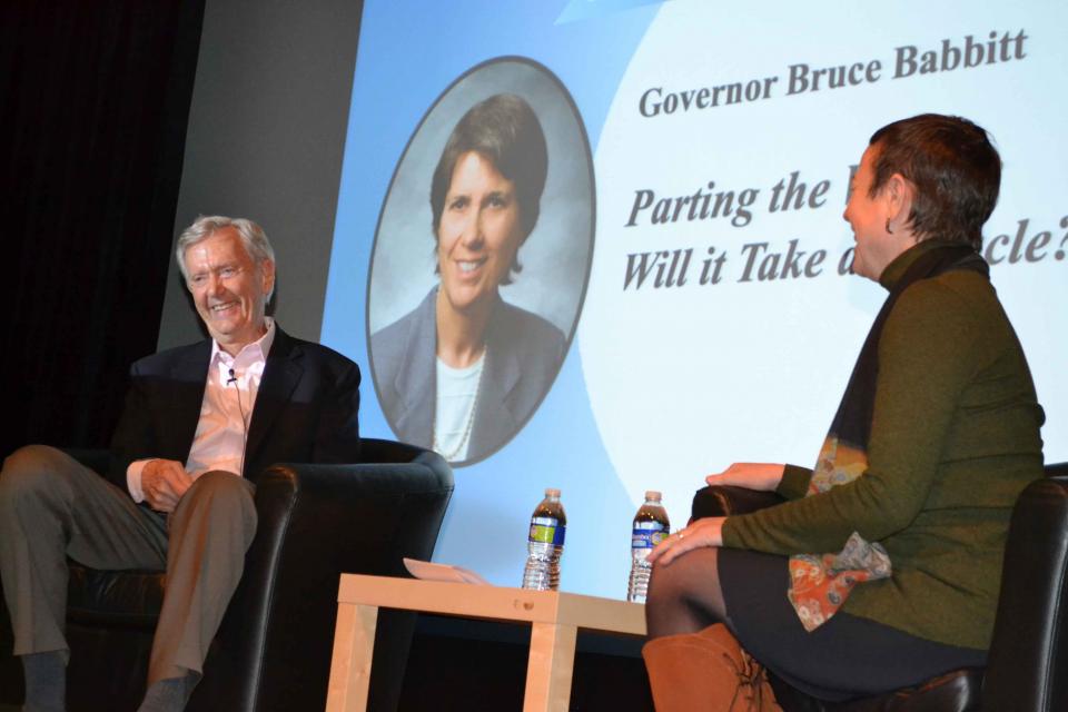 Bruce Babbitt and Ellen Hanak with the Public Policy Institute of California share a laugh during the question and answer session at the April 3 Anne J. Schneider  Lecture. 