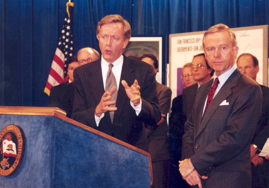 Babbitt and then-Gov. Pete Wilson at a 1994 news conference to announce the Bay-Delta Accord, hailed at the time as a cease-fire in California's contentious water wars.  The agreement never quite achieved its lofty goals for Delta water management. 