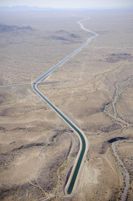 Central Arizona Project Aqueduct snakes through the Arizona desert.