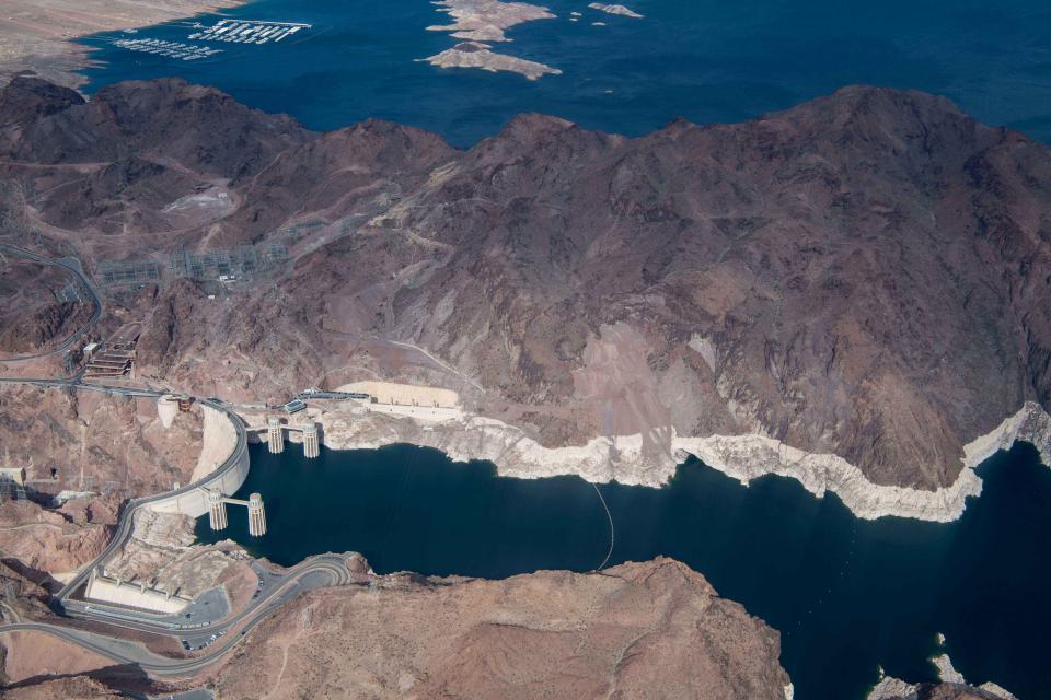 A stark white "bathtub ring" around the edge of Lake Mead underscores the impact of drought on the nation's largest reservoir. 