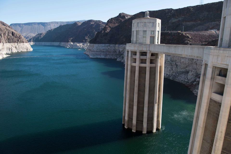Looking at the so-called bathtub rink from declining water levels in Lake Mead, as viewed from Hoover Dam.