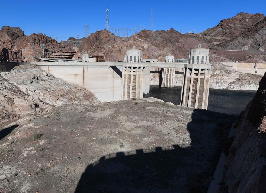 Lake Mead, behind Hoover Dam, shows the effects of nearly two decades of drought. 