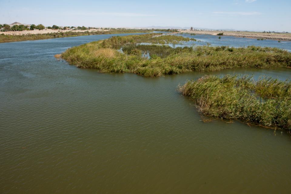 Colorado River water released from Morelos Dam, along the border with Mexico, flows downstream into the Colorado River channel in March 2014 to benefit the environment as part of the cooperative measures agreed to by the United States and Mexico under Minute 319.  