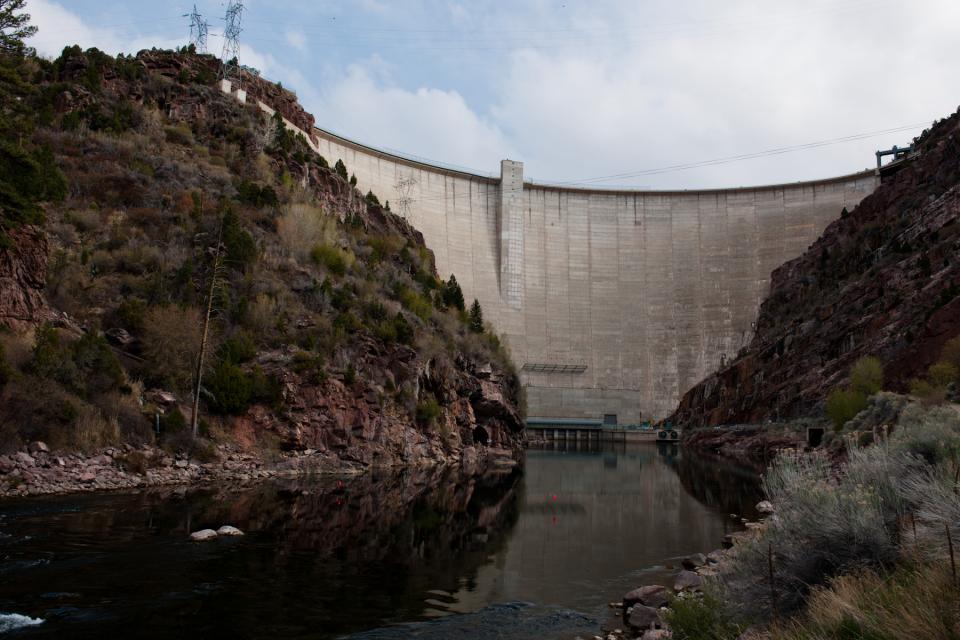 Downstream view of Flaming Gorge Dam, in northeast Utah. 