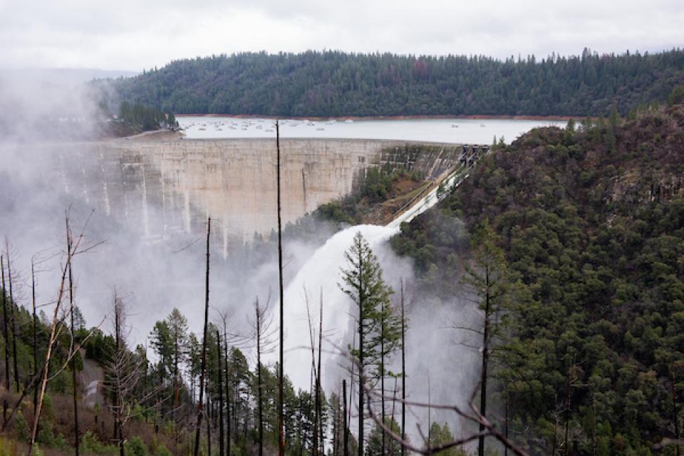 Bullards Bar Dam in the Sierra Nevada foothills north of Sacramento spills water during 2017 atmospheric river storms. 