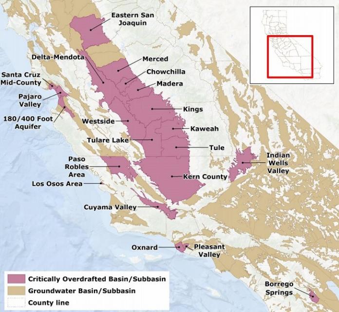 Map of California's most critically overdrafted groundwater basins. 