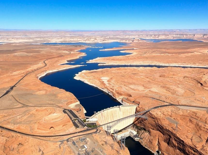 Aerial view of Lake Powell, a key reservoir on the Colorado River, which has seen water levels drop precipitously as a result of two decades of drought.