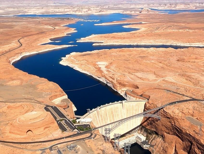 Glen Canyon Dam and Lake Powell, a key Colorado River reservoir that has seen its water level plummet after two decades of drought. 