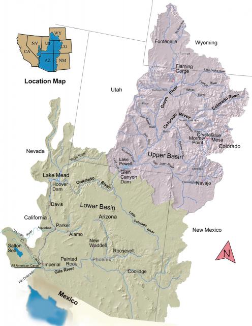 Map shows the Colorado River Basin spanning seven U.S. states and part of Mexico. Glen Canyon Dam and Lake Powell, upstream from the Grand Canyon, and Hoover Dam and Lake Mead, near Las Vegas, are the two principal components of the Colorado River water-supply system