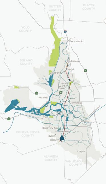 Proposed alignment for the twin tunnels of the California WaterFix. The tunnels would be supplied by three new water intakes on the Sacramento River with water diverted under the Delta to the projects’ pumps in the southern end.