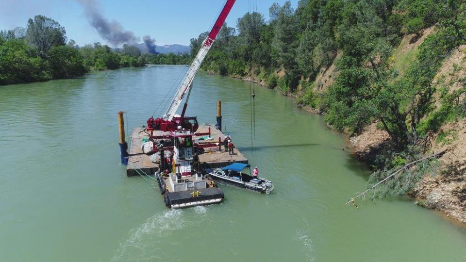Boulders with tree stumps bolted to them were dropped into the Sacramento River in May 2017. to provide juvenile salmon a refuge from predators and the river's swift current. 