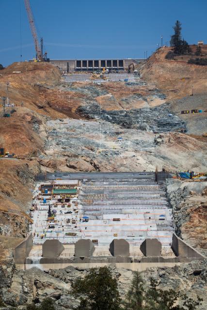 The spillway at Oroville Dam shows the damage resulting from storm releases in 2017. The spillway has since been repaired.