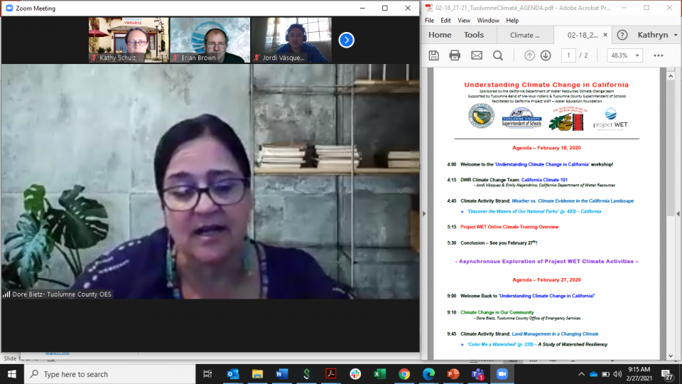 Dore Beitz, Tuolumne Band of Me Wuk Indians and Tuolumne County Office of Emergency Services,  discusses climate threats to community resources during a DWR-Project WET online climate workshop earlier this year. 