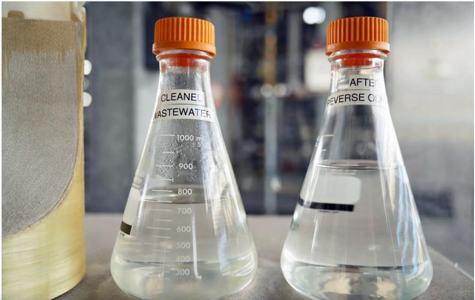Image shows samples of cleaned wastewater before and after reverse osmosis filtration at the Pure Water Southern California Demonstration Plant in Carson.