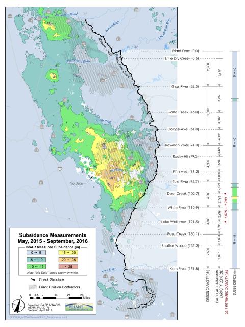 This maps shows where subsidence is worst along the Friant-Kern Canal. 