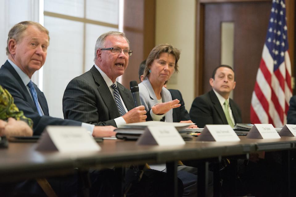 Tim Quinn, ACWA's executive director, makes remarks during a meeting to discuss water issues at Gov. Jerry Brown's office at the California State Capitol on April 16, 2015. 