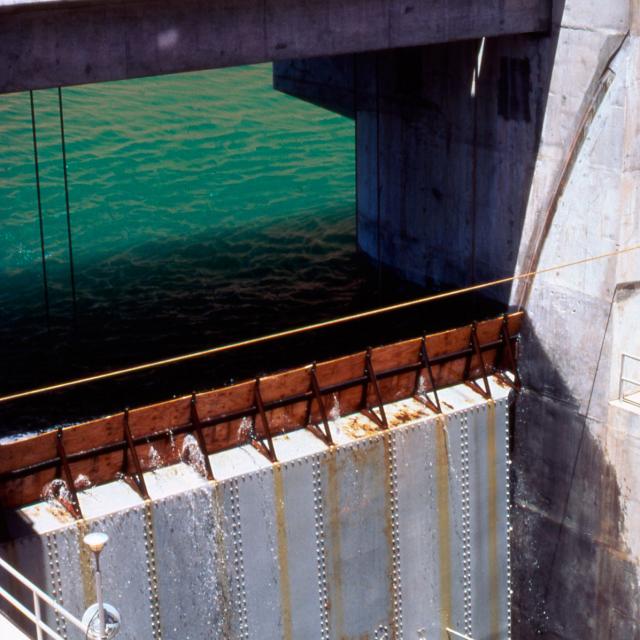 During the 1983 Colorado River flood, described by some as an example of a "black swan" event, sheets of plywood (visible just above the steel barrier) were installed to prevent Glen Canyon Dam from overflowing. 