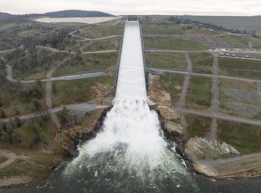 Water releases from Oroville Dam flood control gatesd from the Oroville Dam flood control gates in January 2024 .