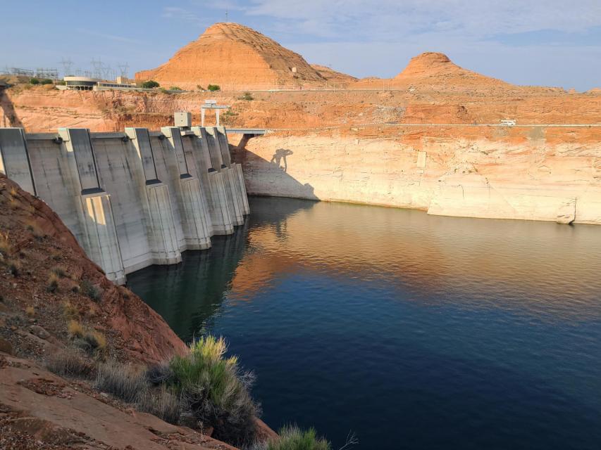 Image of Glen Canyon Dam, reflecting low water levels of Lake Powell on the Colorado River. 