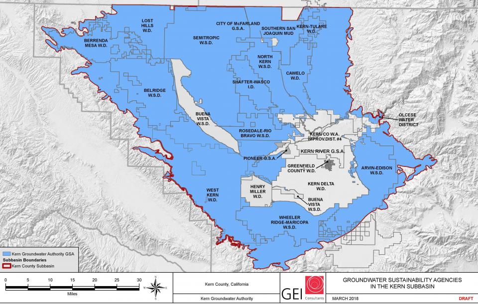 Kern Groundwater Authority encompasses most of the Kern subbasin and is the umbrella groundwater planning entity for 16 public agencies. 