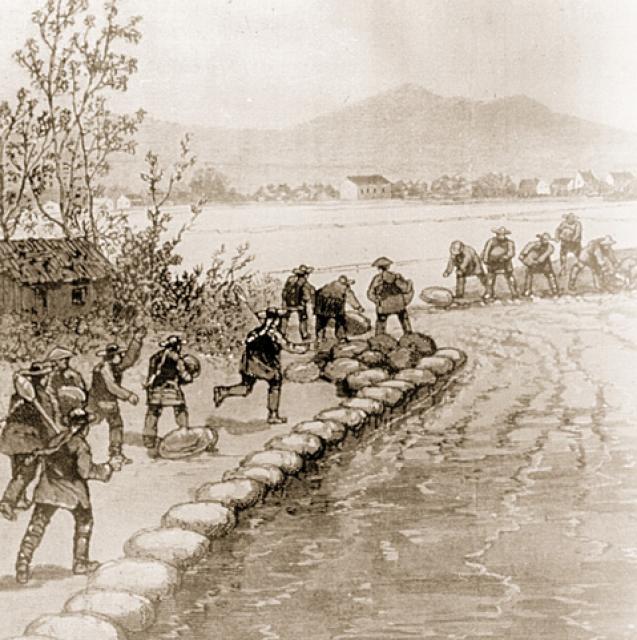 Historic sketch of laborers building a levee in the Sacramento-San Joaquin Delta.