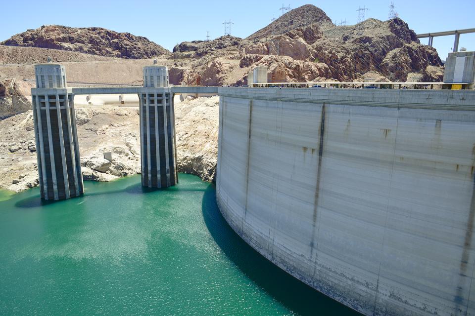 Image shows Lake Mead behind Hoover Dam in 2022. 