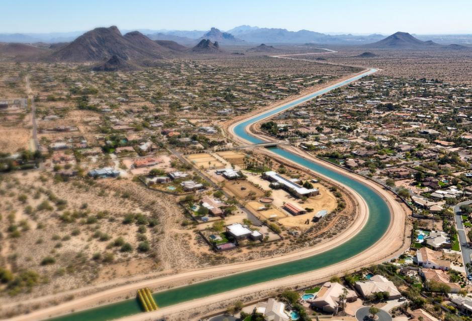 Image shows the Central Arizona Project canal, which supplies Colorado River water to Phoenix, Tucson and several tribes in Arizona