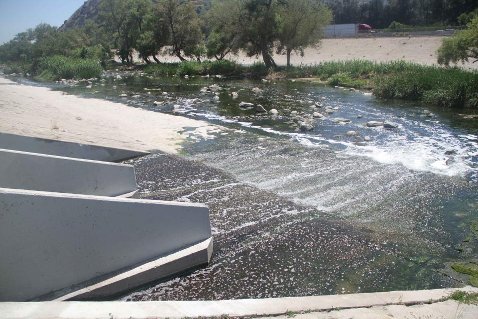 Treated wastewater flows into the Los Angeles River. These types of wastewater  discharges are important sources of water to help maintain river vitality. 