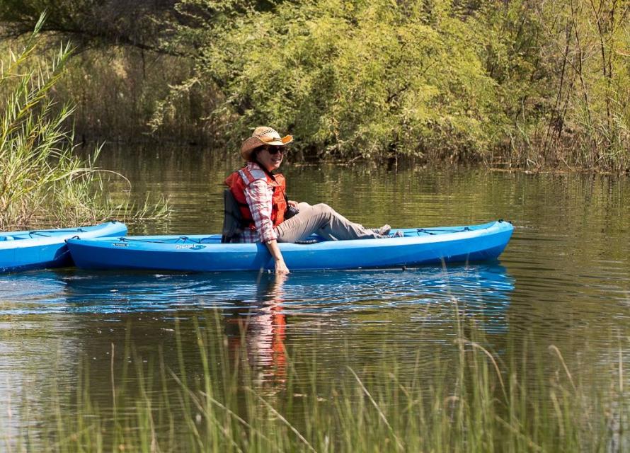 Jennifer Pitt, Colorado River program director with the National Audubon Society, paddles a kayak at a Colorado River Delta restoration site. 