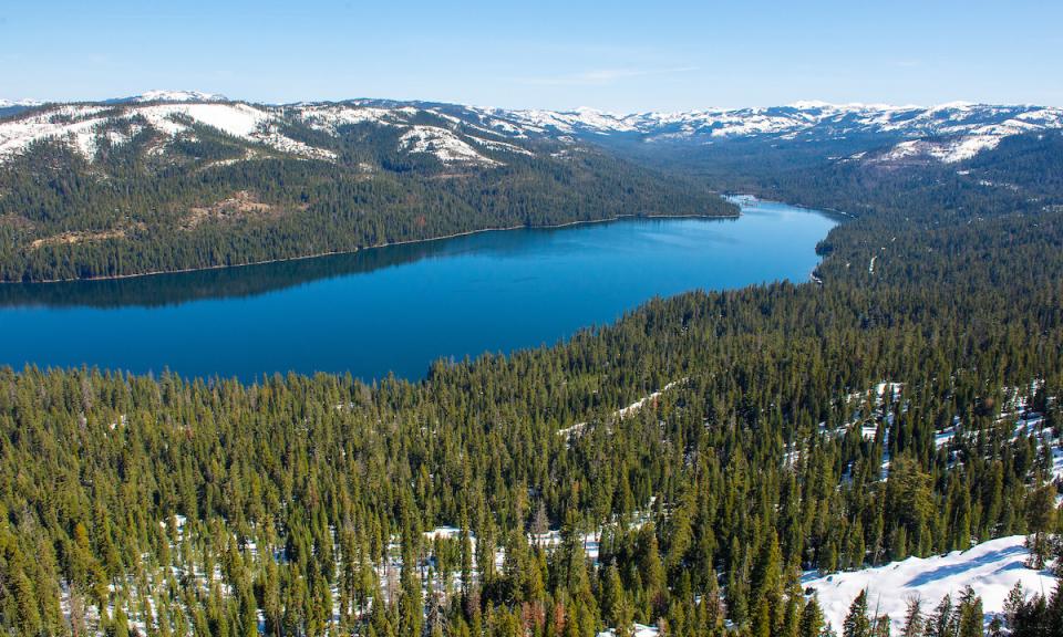 Aerial view of French Meadows reservoir, near the headwaters of the Middle Fork of the American River. 