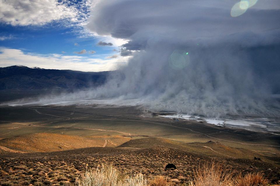 Dust storm on the dry Owens Lake bed.