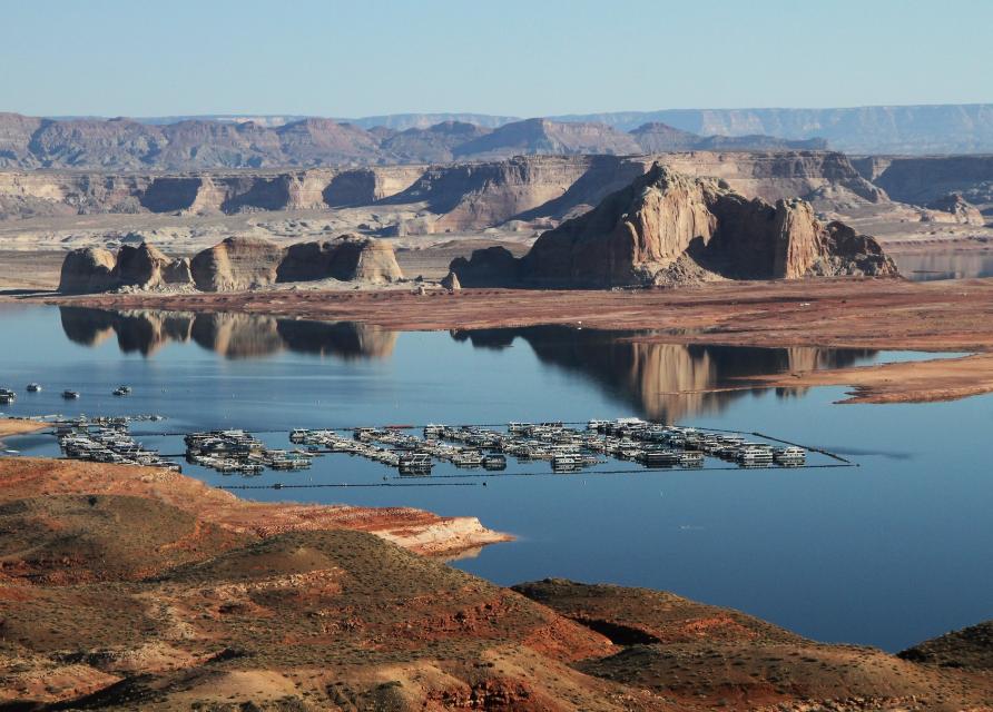 Image shows Lake Powell's lowered water level and exposed land that was once submerged at Wahweap Marina,  as seen in this 2022 photo. 
