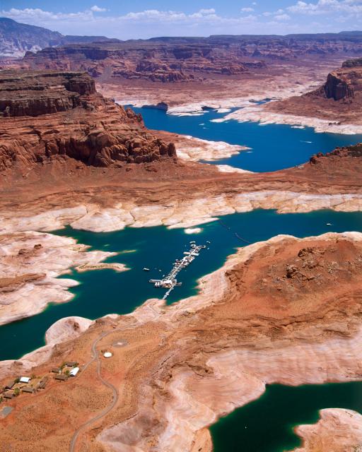 Image shows the white mineral ring around Lake Powell, the result of two decades of drought.