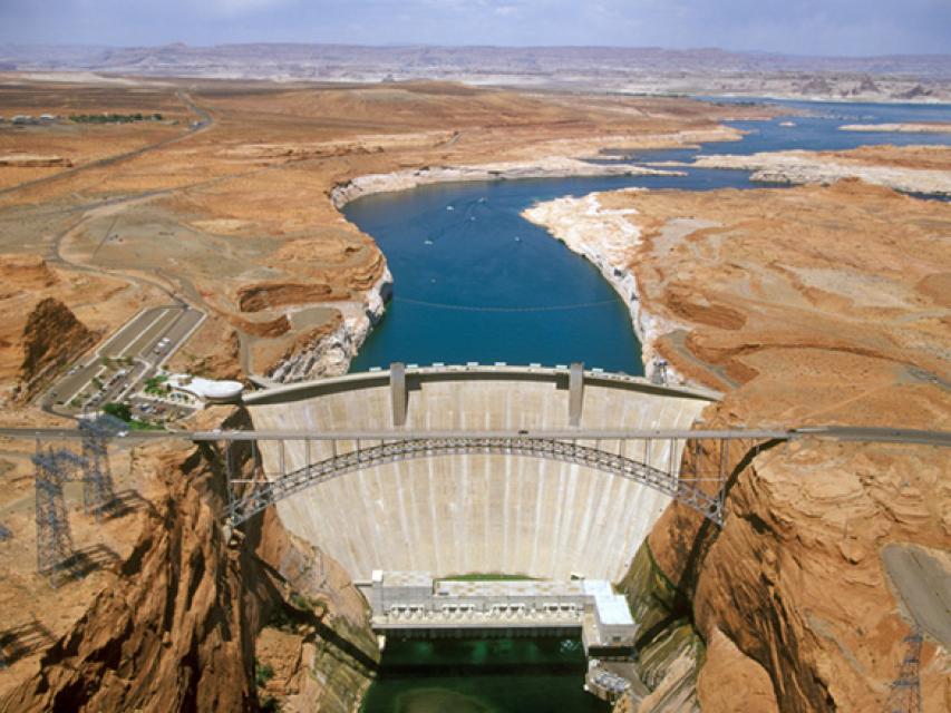 Image shows Glen Canyon Dam and Lake Powell