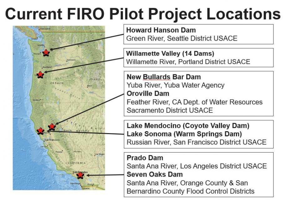 Image shows current FIRO pilot project locations on the West Coast