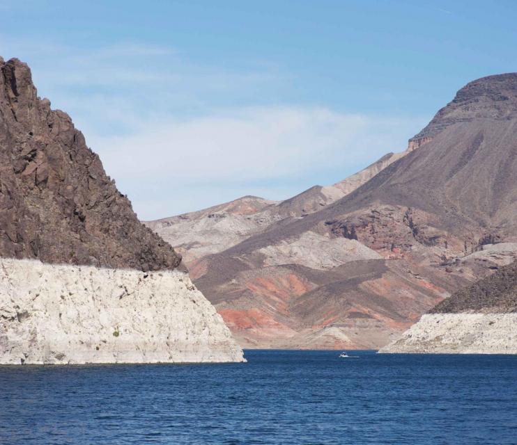 The white bathtub ring along Lake Mead reflects the effects of years of drought in the Colorado River Basin. 