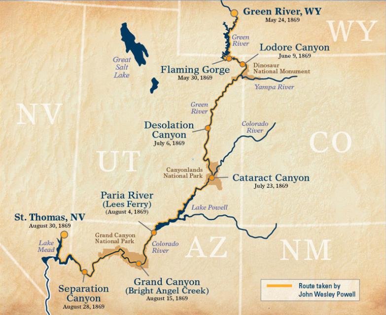The route of Powell's Colorado River expedition, with key locations noted. (Image: OARS outfitters, used with permission)