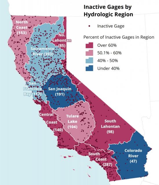 Map from The Nature Conservancy of inactive  stream gauges in California. 
