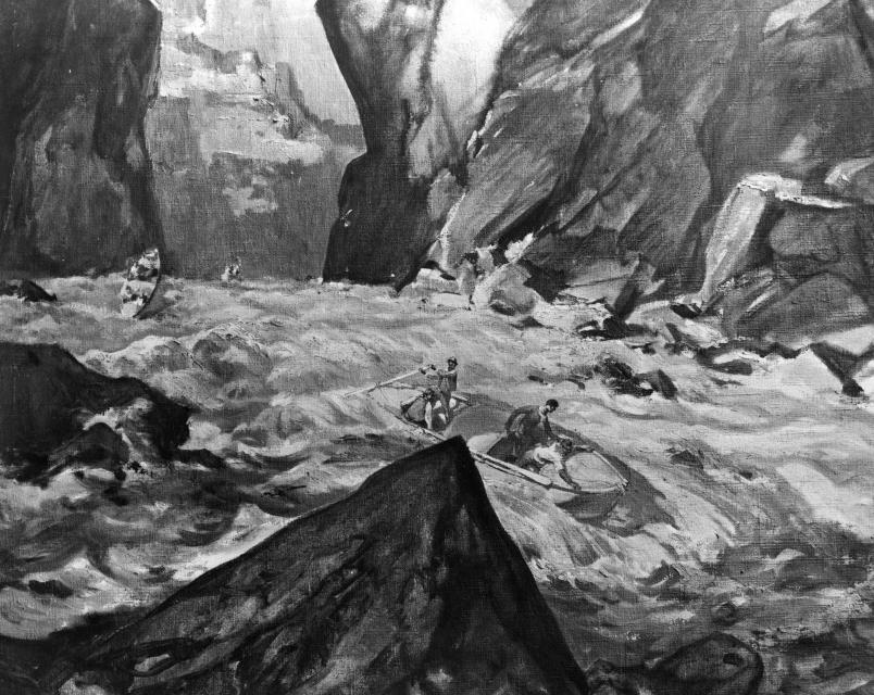 An artist's  sketch of Powell's expedition down a treacherous section of the Colorado River in their wooden boats. 